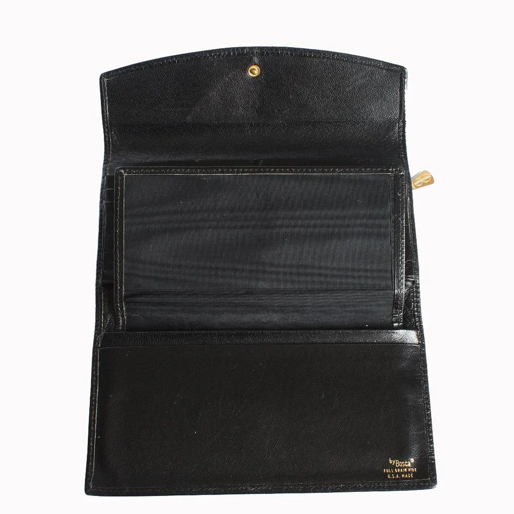 Bosca Wallet with Check Book Holder Black Leather Trifold Vintage